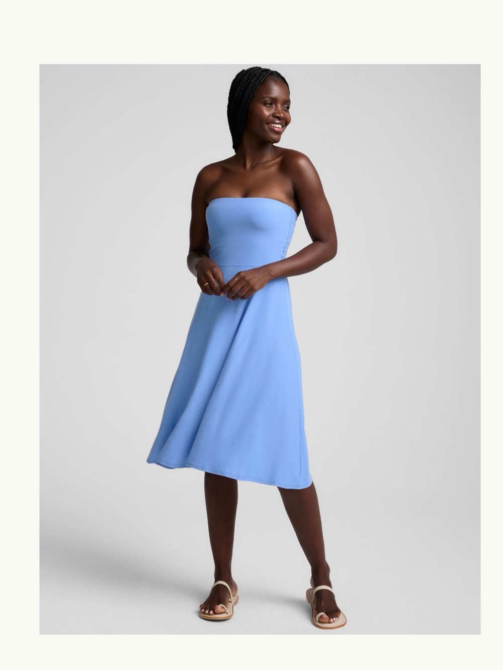 Beyond Yoga Strapless Light Blue A-Line Midi Dress
